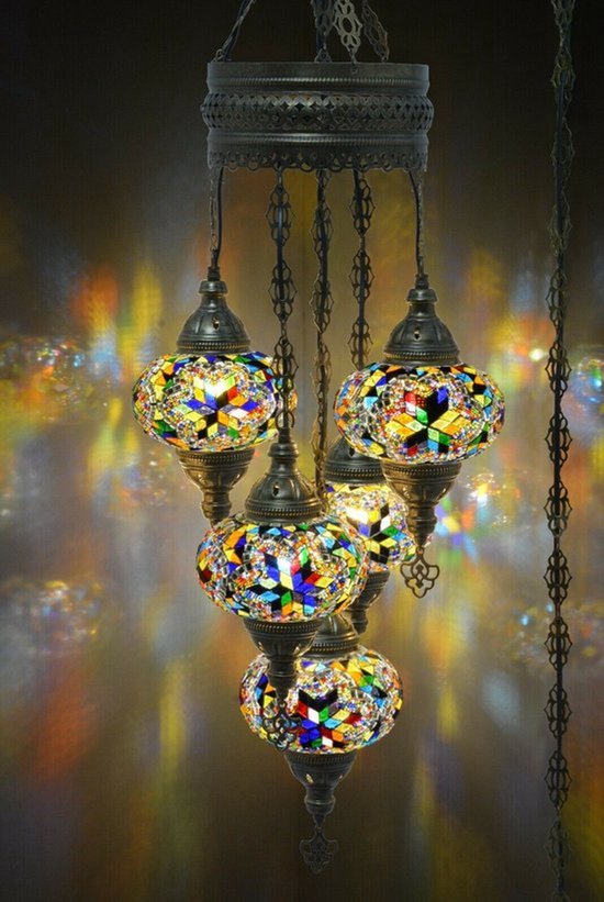 Turkse Hanglamp Mozaïek Glas Multicolour De Max - Turkse - Glas; metaal - 5 Bollen - 110cm
