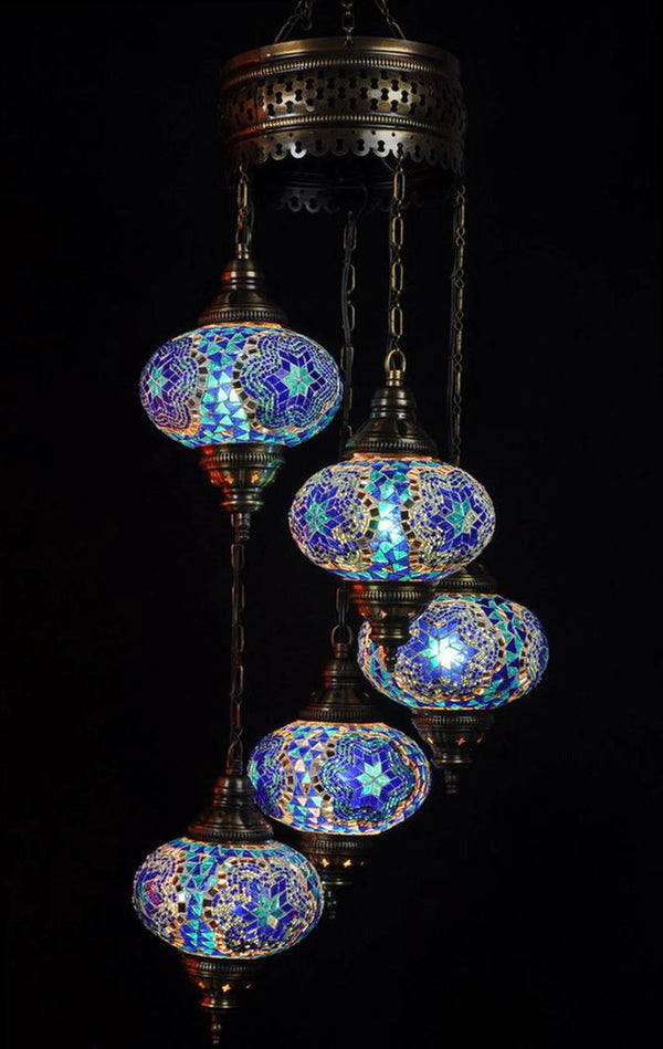 Kroonluchter Halay - Turkse - Glas - Blauw - 5 Bollen