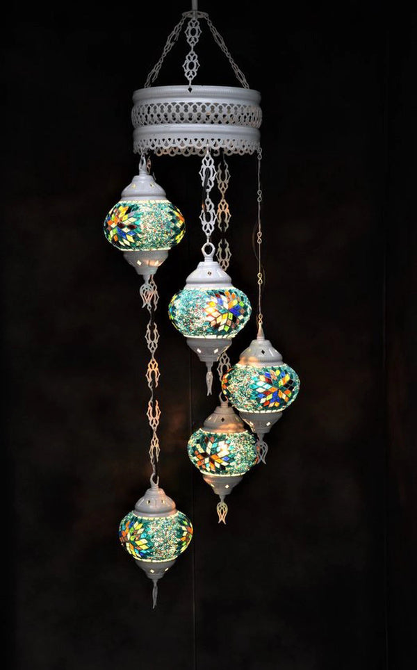 Hanglamp Halay - Turkse - Glas - Blauw - 5 Bollen